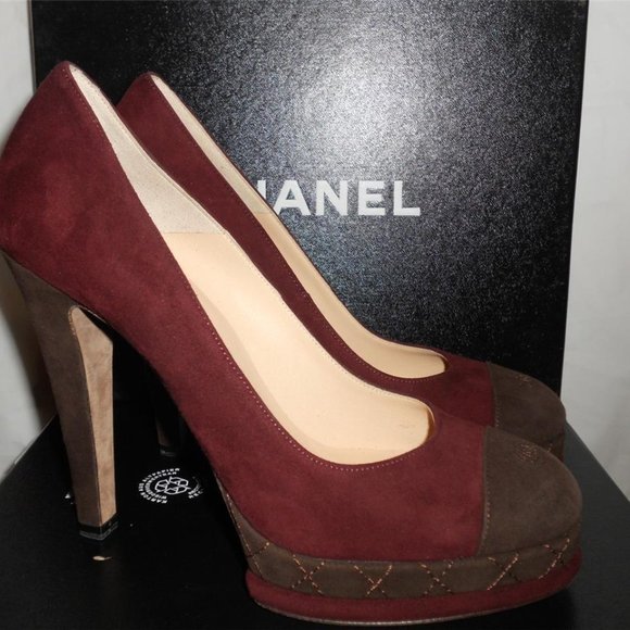 CHANEL 12A Two Tone Suede Cap Toe Quilted Platform Pumps Heels Shoes - Picture 5 of 9